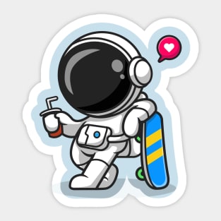 Cute Astronaut With Skateboard And Soda Cartoon Sticker